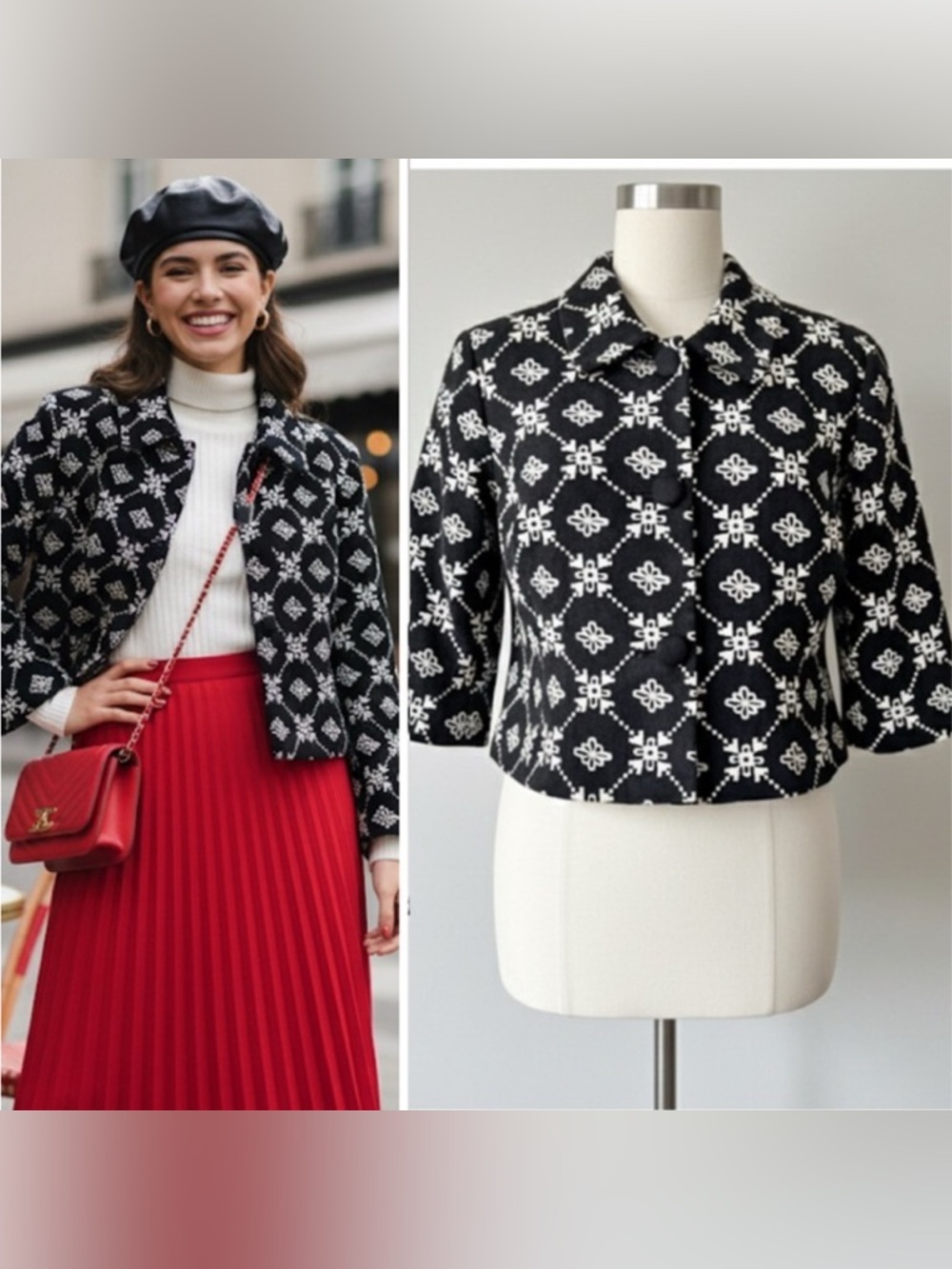Wendy Hil Y2K Black Suede Cropped Jacket Blazer White Embroidery Size M